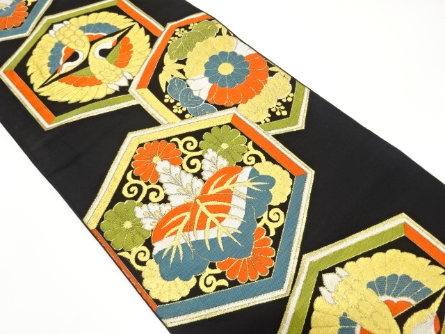 JAPANESE KIMONO / ANTIQUE FUKURO OBI / WOVEN CRANE & KIKU WITH PAULOWNIA